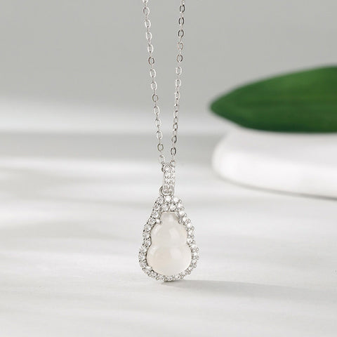White Chalcedony Gourd Pendant Necklace in S925 Sterling Silver