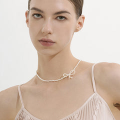 Delicate Bow Pearl Pendant Necklace