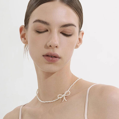 Delicate Bow Pearl Pendant Necklace