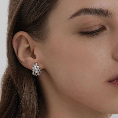 French Lace Zirconia Pearl Stud Earrings